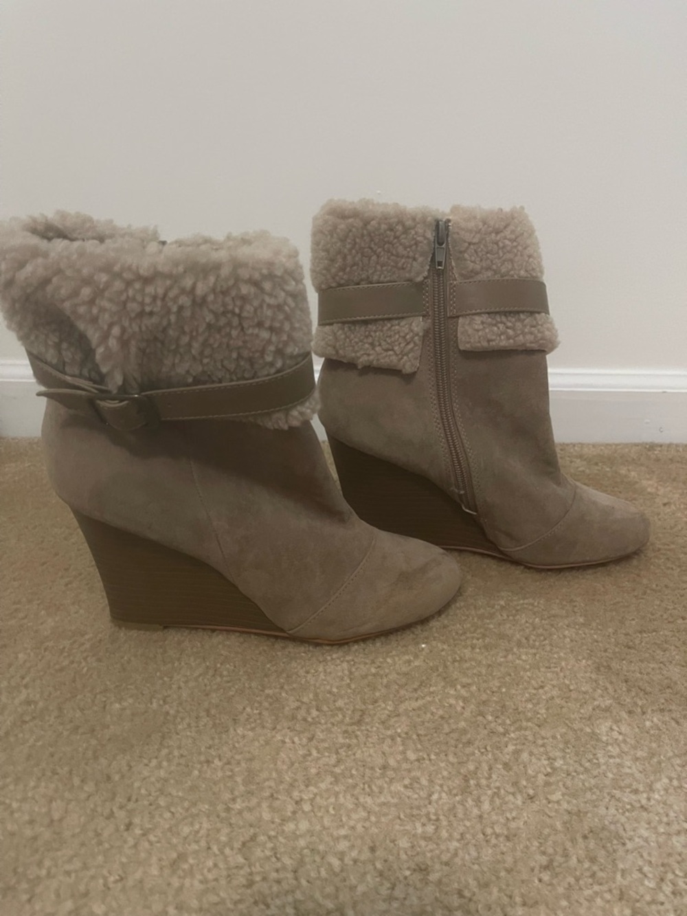 Sole Society Taupe Shearling-Trim Wedge Booties